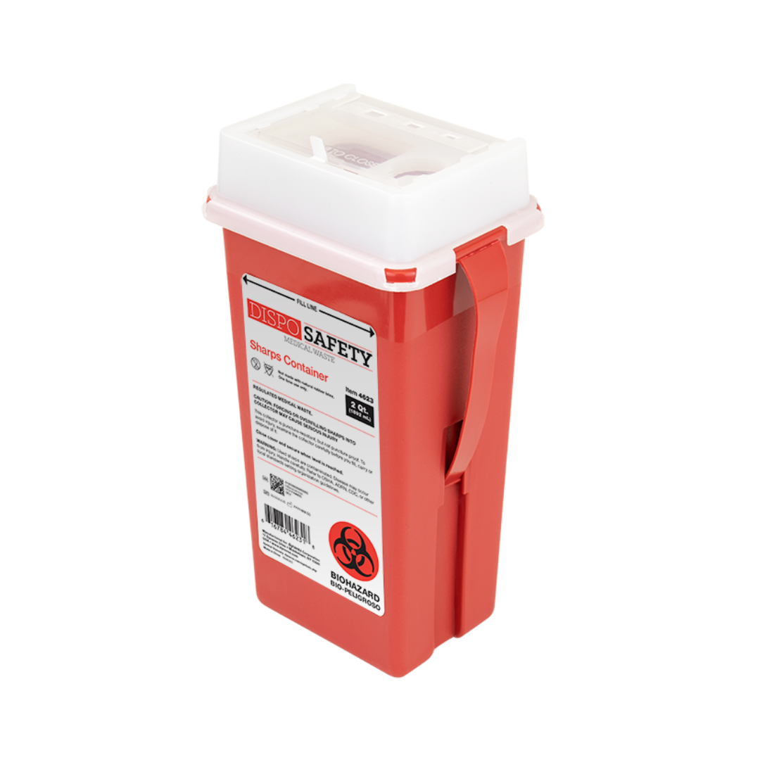 The Dynarex Sharps Containers are red plastic medical waste bins with white lids labeled "Dispo Safety" and feature a biohazard symbol, designed for safe disposal of needles and sharp medical waste.